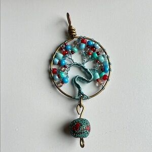 Handmade Turquoise Tree of Life Pendant with Red Accents